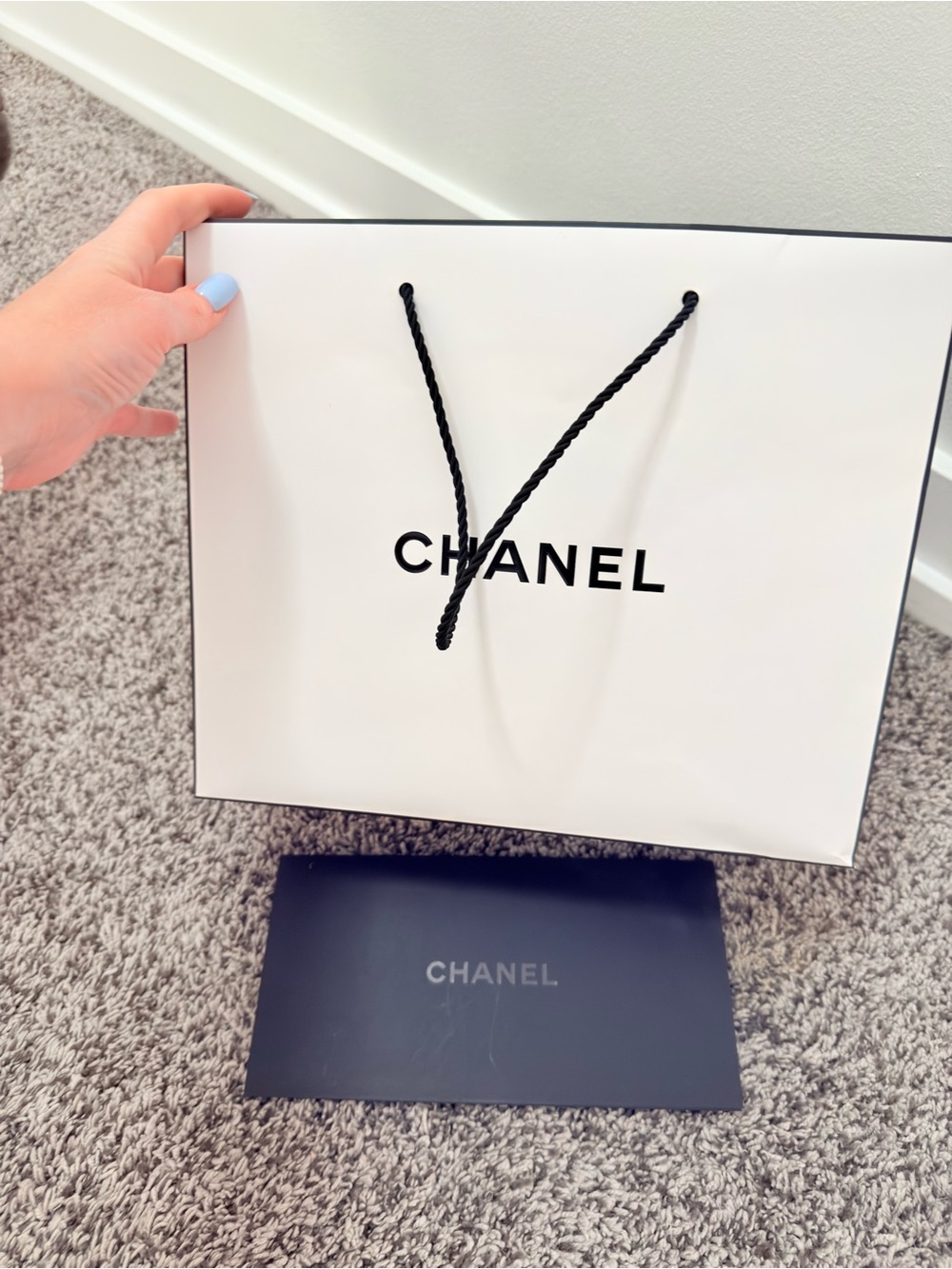 CHANEL White and Black Branded Shopping Bag